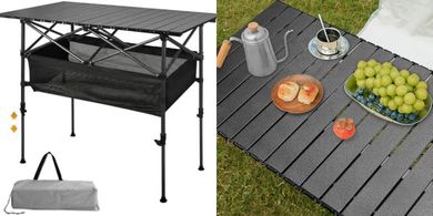 Portable Folding Camp Grill Table with Mesh Storage
