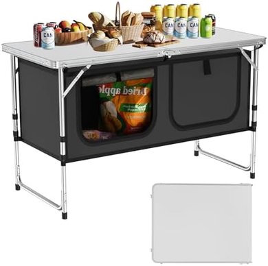 Portable Folding Camping Table with Storage, 3 Heights, Grey