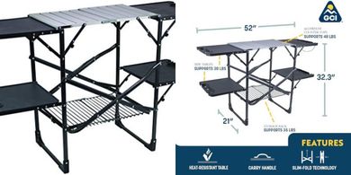 GCI Slim-Fold Cook Station: Portable kitchen with side tables & storage.
