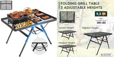 Portable Folding Grill Table: 3-Height, Lightweight Camping/Picnic/BBQ
