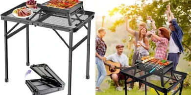 Portable Folding Camping Grill Table (Black, Adjustable Height)