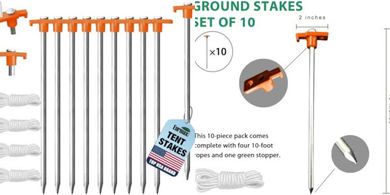 Eurmax Heavy-Duty Galvanized Tent Stakes with Ropes & Stopper (10-pack)
