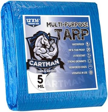 Blue Poly Tarp (12x16 ft, 5 mil): Heavy-duty camping, boat, & vehicle cover.
