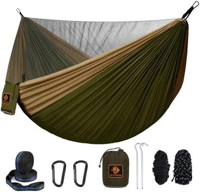 Lightweight Nylon Hammock with Mosquito Net & Straps (Green/Khaki)
