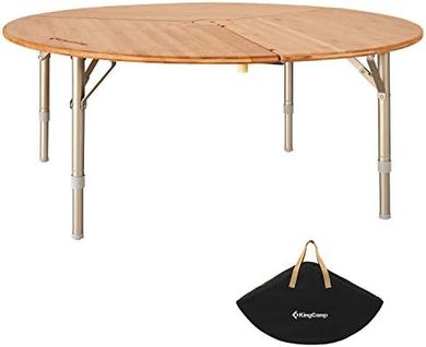 KingCamp Bamboo Round Folding Table Camping Table for Teepee Bell Tent 3 Fold Portable Camp Table with Heavy Duty Adjustable Height Aluminum Leg for Camping Picnic Indoor & Outdoor Card Game Dinning