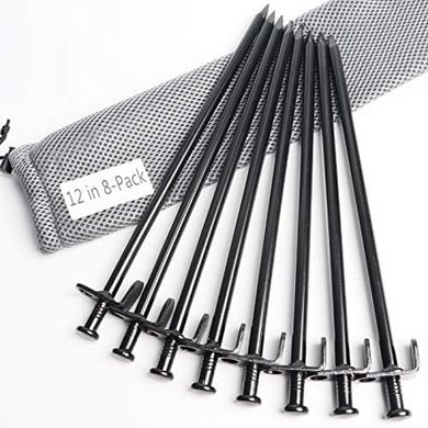 Heavy-duty, unbreakable 12" steel tent stakes for all terrains.
