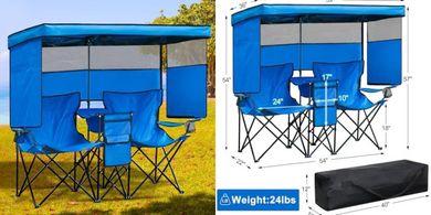 Folding Camping Loveseat with Canopy & Cooler
