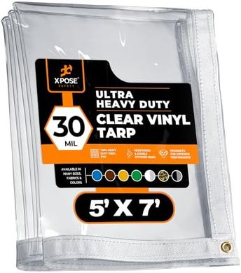 Heavy-duty clear vinyl tarp (30 mil PVC) with grommets for outdoor use.
