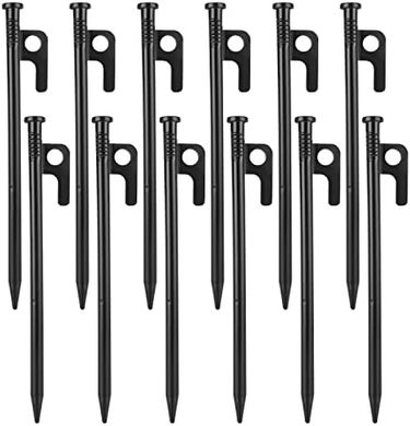 Heavy-duty, 12-pack steel tent stakes (8", black) for all terrains.
