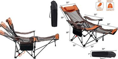 Portable Reclining Camping Chair with Footrest & Armrests (300lb, Orange Brown)
