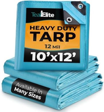 Heavy-duty 10x12 blue tarp: waterproof, UV-resistant, rip-proof.
