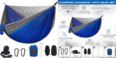 Lightweight Camping Hammock with Mosquito Net & Tree Straps (Blue/Grey)
