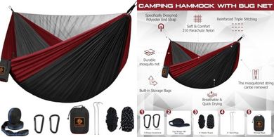 Portable Camping Hammock with Mosquito Net & Tree Straps (Black/Red)
