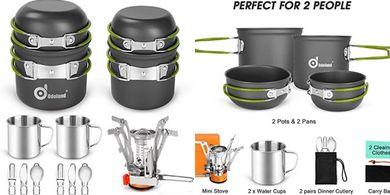 Odoland Camping Cookware Mess Kit: Lightweight Pots, Pans, Stove, & Utensils
