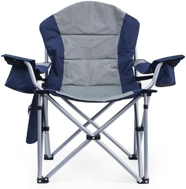 Heavy-duty folding camping chairs with lumbar support and cup holder.
