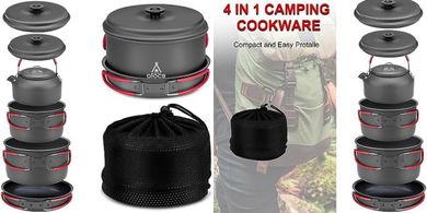 Compact, Durable Hard-Anodized Aluminum Camping Cookware Set with Bag
