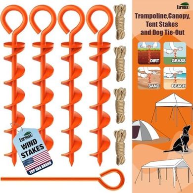 Eurmax USA Canopy Tent Stakes Dog Tie Out Stakes Corkscrew Shape Steel Trampoline Stakes with Iron Rod Installation Tool & 4 Wind Ropes - Set of 4 (Orange)