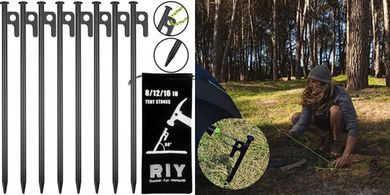 Heavy-duty 12" steel tent stakes (8-pack), unbreakable & inflexible.
