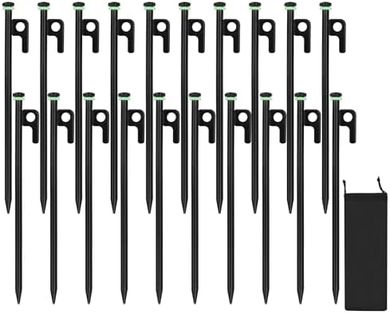 Heavy-duty steel tent stakes (20 pcs, 12"/16", with pouch)
