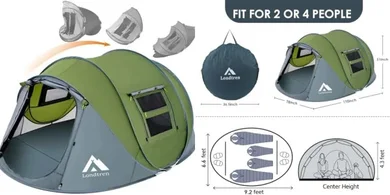 Instant Family Pop-Up Tent: Waterproof, 4-Person, 2-Door