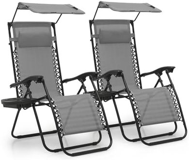 Zero Gravity Chair Set: 2 Folding Recliners with Canopy & Tray