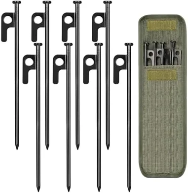 Heavy-duty 8-inch steel tent stakes (8/16/32 pack) with bag