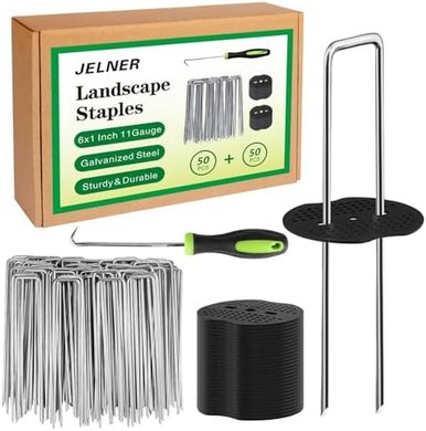 Galvanized Landscape Staples: 50 Stakes, 50 Gaskets, 1 Hook