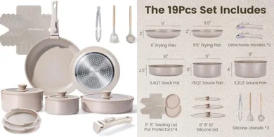19-Piece Ceramic Nonstick Cookware Set with Removable Handle, Mocca Taupe