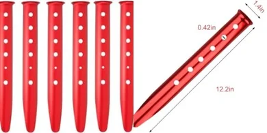 Red Aluminum Tent Stakes: 10pcs U-shaped, lightweight for snow, sand, & beach.