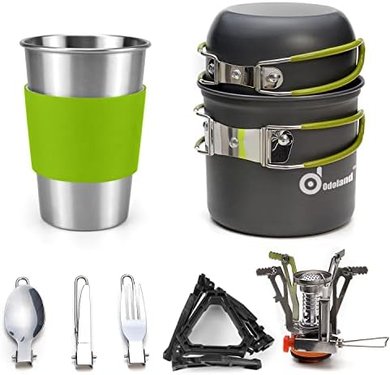 Odoland Camping Cookware Set: Stove, Canister, Utensils & Stand