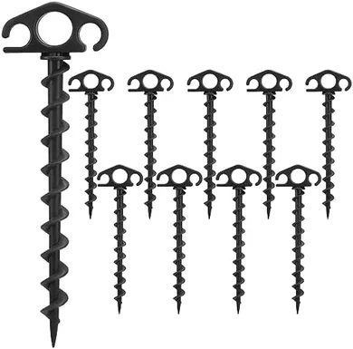 Heavy-duty spiral sand stakes (10-pack, 9.4") for beach and camping tents.