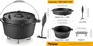 Velaze 10QT Pre-Seasoned Cast Iron Dutch Oven with Lid & Tripod
