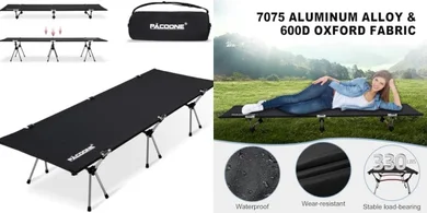 Ultralight Folding Camping Cot: Heavy-duty, 330lb capacity, with leg extenders.