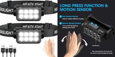 Bright Rechargeable LED Headlamps (2-pack, motion sensor)