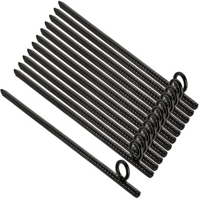 Heavy-duty steel tent stakes with loops, 12-pack.
