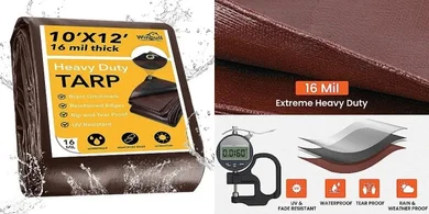 Heavy-duty 10x12 ft waterproof tarp with reinforced edges and UV protection.