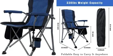 Portable Camping Chair Folding Heavy Duty Quad Outdoor Large Chairs Support 330 lbs High Back Padded Thicken Oxford with Armrests, Storage Bag, Cup Holder, Carry Bag for Outside(Blue)
