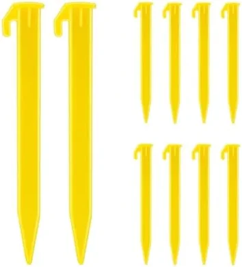 Heavy-duty plastic tent stakes (10-pack) for camping, gardening, and beach use.