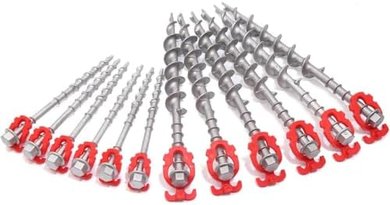 Heavy-duty aluminum tent stakes & ground anchors for outdoor structures.