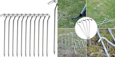 Heavy-duty aluminum tent stakes with hooks for camping.