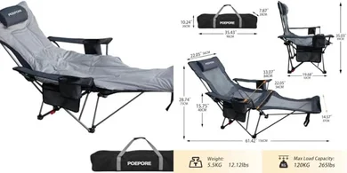 Grey Reclining Camping Chair with Footrest & Headrest