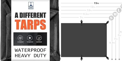 Heavy-duty, waterproof 12x15ft black tarp; rip-proof, multipurpose cover.
